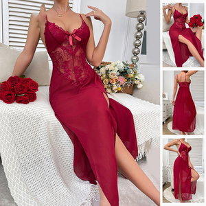 Nouveau été en <span class=keywords><strong>mousseline</strong></span> de soie décontracté confortable amusant maille Perspective broderie femmes Sexy dentelle sangle jupe de couchage - Product Image 2