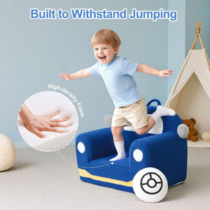 Canapé-lit pliable en forme de voiture pour enfants, fauteuil en peluche pour enfants de 2 ans et plus, bleu avec coussin en forme de chat - Product Image 4