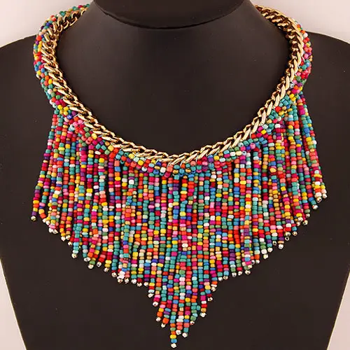 Samen perlen Fransen-Halsband übermäßige vergoldete ethnische Boho mehrfarbige Samen Perlen-Tassel Bib-Halsband für Damen