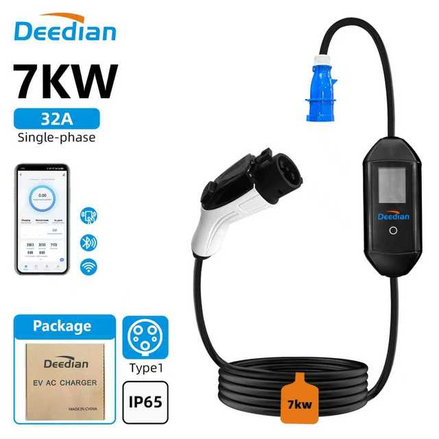 Portable Type1 7kW 32A Single-Phase EV Home Charger with Display Screen New Condition for Electric Vehicle Manufacturing