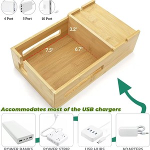 Bamboo Wood Cable Management Box Desktop Phone <b>Tablet</b> <b>Stand</b> Solid Wood Organizer Power Strip Storage Box - Product Image 4