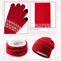 Gants d'hiver en tricot rouge uni, épais, antidérapants, ensemble 3 en 1, bonnet, écharpe, gants à doigts entiers compatibles avec les écrans tactiles, pour cadeau de Noël