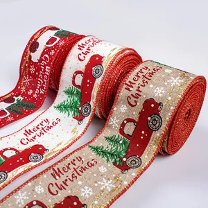 Nastro con filo di natale stampato personalizzato 63mm tela di natale 50mm nastri con bordo cablato per decorazione natalizia - Product Image 1