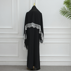 <span class=keywords><strong>Abaya</strong></span> Nera Tinta Unita Stile Dubai con Pizzo, Set 2 Pezzi con Hijab Abbinato, <span class=keywords><strong>Abaya</strong></span> Modesta in Nida, Vestito Musulmano da Donna - Product Image 5