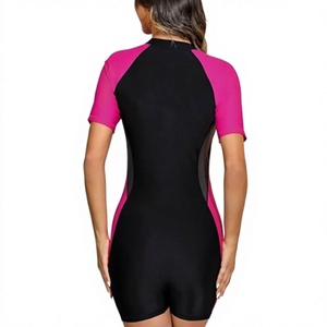 Women Short Sleeve Sports Bodysuit Black Pink Contrast Zip Front <b>Athletic</b> Jumpsuit - Product Image 3