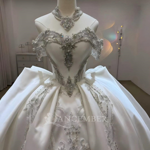 Robe de mariée grande taille en dentelle Lsjj131, robes de bal de luxe en satin brillant avec strass, jupe de princesse ivoire pour la mère de la mariée - Product Image 2