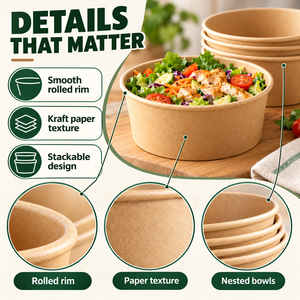 Bol à salade en papier kraft imperméable et résistant à l'huile, jetable, rond, pour emporter, avec couvercle - Product Image 3