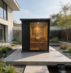 Sauna Exterior Tradicional Cuadrada para 4 Personas, Sauna de Vapor Seco, Exterior Negro, Interior de Madera Natural, Ventanas de Techo, Ecológica - Product Image 1