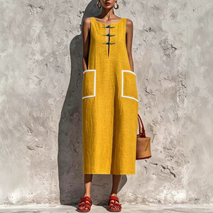 Casual Retro Color Block <b>Pocket</b> <b>Dress</b> Sky Blue Smlxlxxl Loose Waist Straight Cylindrical Style Commute Europe America Southeast - Product Image 2