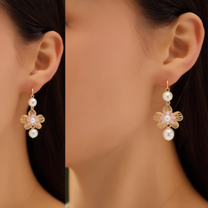 Fashion Drop Earrings Gold Plated 316L Stainless Steel Flower Design With Pearls For Women - Product Image 3