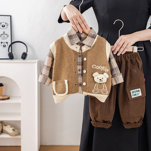 Bộ trang phục ba món thu/xuân bằng <span class=keywords><strong>cotton</strong></span> cho bé trai: Áo len cardigan, áo gile và quần thời trang - Product Image 4