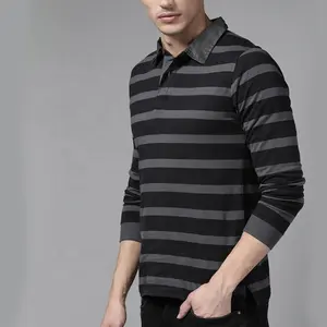 사용자 정의 로고 pickleball 스포츠 남자 패션 스트라이프 폴로 셔츠 ZN-긴 소매 스트라이프 디자인 회색과 검은 색