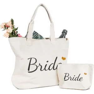 Sacola de noiva com saco de maquiagem para presentes de noivado, noiva, despedida de solteira, festa de casamento, sacola branca de lona