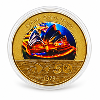 Pièce de monnaie 2026 de l'Opéra de Sydney, ensemble vue cinq angles, impression couleur sur fer plaqué or avec étui