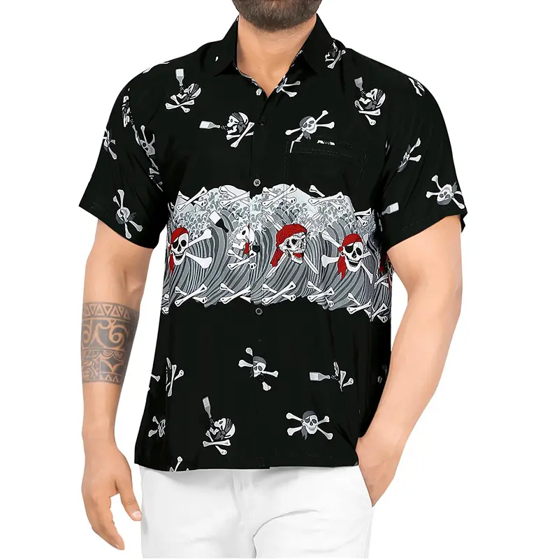 2023 New Arrive Men Casual Beach Hawaiian Shirt Front Pocket Short Sleeve Halloween Black Aloha Shirt Custom