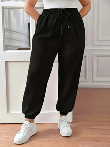 Pantalones deportivos casuales para mujer, cintura elástica con cordón, corte holgado - Product Image 3