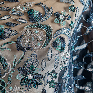 Grosir Pabrik kain bordir manik-manik renda Prancis kain renda Tulle mewah jala kain renda manik-manik biru tua - Product Image 2