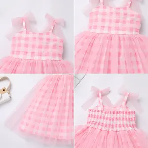 Summer Baby Sleeveless Cotton Dress Infant Girls Shoulder Tie Smocked Gingham A Line MINI Tulle Dress Kids Girl Vintage Dresses