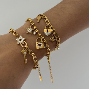 Quiet And Pretty Jewelry <b>Set</b> Gold Chain Necklace <b>Bracelet</b> With Lock Key Star Charms For Women Fashion Accessories - Product Image 3