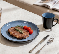 Service de table de luxe 16 pièces en grès noir et bleu, assiettes, bols et tasses en céramique pour 4 personnes, compatible lave-vaisselle et micro-ondes, haute qualité