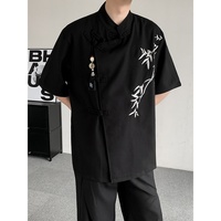Chemise décontractée pour homme de style chinois, brodée de bambou, à manches courtes, col montant, avec boutons grenouille traditionnels, type Tang Suit