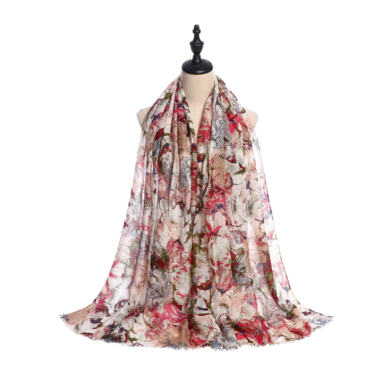 Nieuwe Mode Bloemenprint Hijab Rood Katoen Mousseline Comfortabele Lichte Print Polyester Sjaal Voor Vrouw