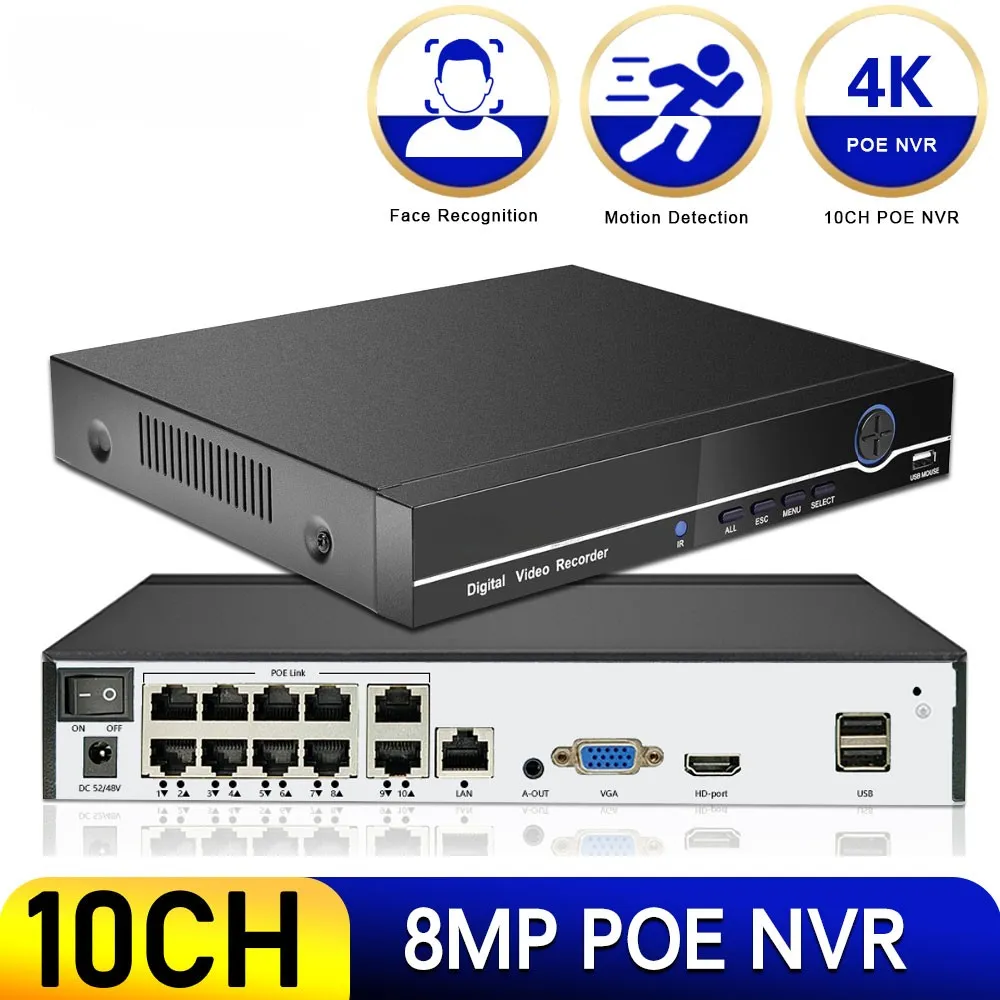 Видеорегистратор 10ch 4k 8mp Poe Nvr для домашней системы видеонаблюдения 8ch 24/7 запись 4ch H.265 устройство для обнаружения человеческого лица сетевой Регистратор