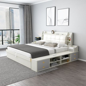 Commercial Furniture 3 Star Hotel <b>Bed</b> <b>Low</b> Cost Modern Solid Wood Storage <b>Bed</b> <b>Frame</b> with Bookshelf Headboard & Side Organizer - Product Image 3