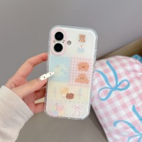 Coque de téléphone transparente motif ours mignon et chien pour iPhone 17 16 15 Pro Max, avec nœud rose, patchwork, en TPU souple, protection de l'objectif de l'appareil photo, pour filles