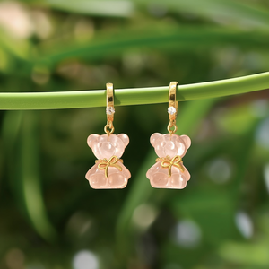 Fashion Dangle <b>Earrings</b> Pink Bear Charm Gold Plated 316L Stainless Steel Sustainable Resistant Jewelry - Product Image 3