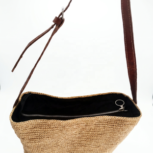 Sac fourre-tout en raphia crocheté fait main grande capacité avec sangle en cuir, style bohème, sac de plage d'été, fermeture éclair supérieure, en coton - Product Image 2