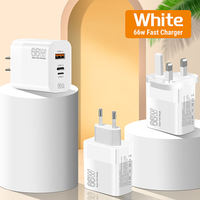 Cargador USB Rápido de 66W con Enchufe EU/US/UK, Adaptador de Pared con Salida PD de 20W para Teléfono Móvil y Portátil
