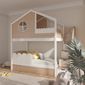 Cama litera tipo casa en el árbol personalizable con ventana, escalera de almacenamiento, barandillas, cama infantil todo en uno para dormir, jugar y guardar - Product Image 3