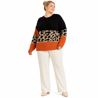 Pull-over en tricot pour femme avec logo personnalisé, manches longues, col rond, imprimé léopard, mode décontractée, hiver, polyester, usine OEM et ODM