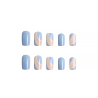 Faux ongles autocollants effet tourbillon bleu ciel 24 pièces, kit d'ongles à presser tendance avec accents nude pour filles