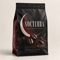 Sachet d'emballage personnalisé à soufflets latéraux pour grains de café torréfiés foncés avec valve de dégazage, fermeture éclair refermable et film haute barrière