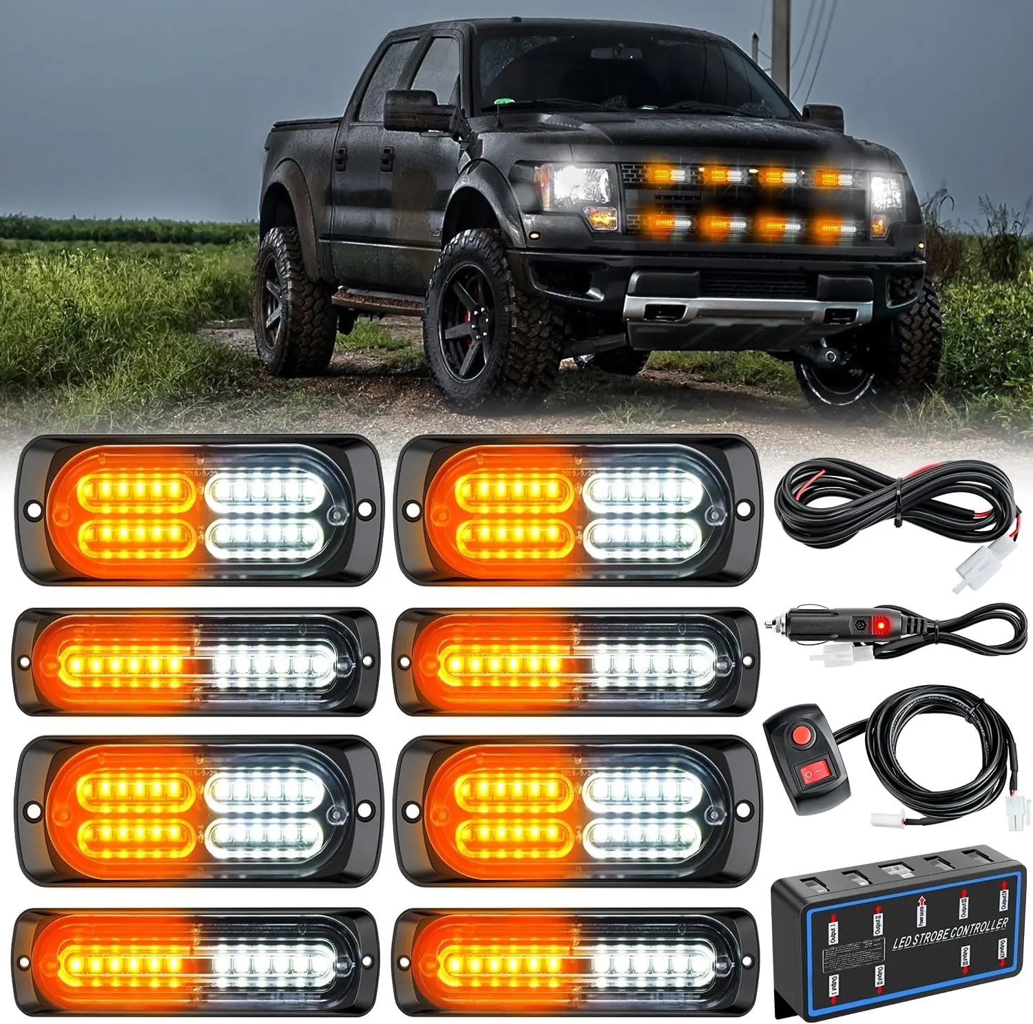 8 יחידות נורות LED הדלקת 12V תכונה ענבר לבן נורות אזהרה חירום עם בקר הדלקת לרכב משאיות קרוואנים חניכים