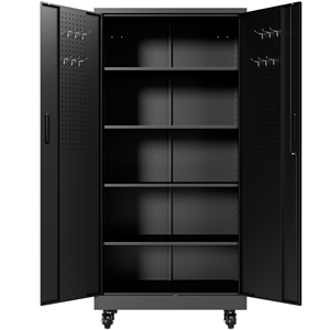 Armoire de garage roulante robuste de 71 pouces avec serrure, rangement en métal noir avec 5 étagères et panneau perforé pour atelier, sous-sol, buanderie - Product Image 5
