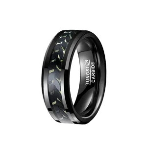 new 8mm Light luxury black tungsten steel inlaid Black leaves green carbon fiber men's tungsten ring finger rings