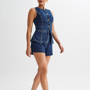 Conjunto de pantalones cortos de mezclilla de 2 piezas para mujer, conjunto de pantalones cortos de mezclilla de cintura alta sin mangas informal de verano para mujer - Product Image 1