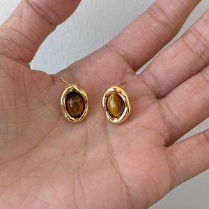 Boucles d'oreilles pendantes en argent massif S925, style rétro automne/hiver, pierre œil de tigre, forme elliptique, tendance - Product Image 2