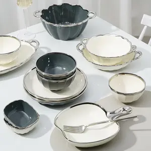 Роскошная посуда из белого/серого фарфора с серебряным ободком, круглая керамическая миска, набор тарелок для рыбной посуды, посуда для дома и кухни