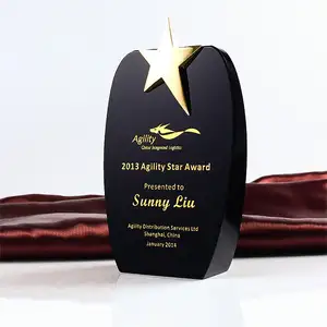 ADL Wholesale Products Crystal Glass Trophy Award With Gold Star and Black Glass Crystal Customized Design Trophy