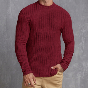Pull en tricot côtelé bordeaux pour homme, manches longues, couleur unie, vêtement décontracté d'automne, 100% acrylique, épaisseur standard - Product Image 1