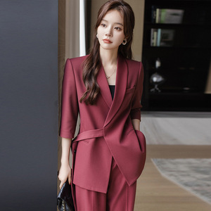 Women's Suit Set Solid Color Three Quarter Sleeve Belted Breathable Satin Casual Professional Style 2025 Summer Thin Fit - Product Image 2