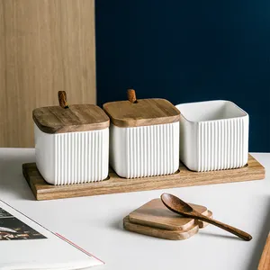 Tarro de especias de cerámica blanca para cocina Tarros de especias de cerámica con tapas de bambú Tarro de cerámica