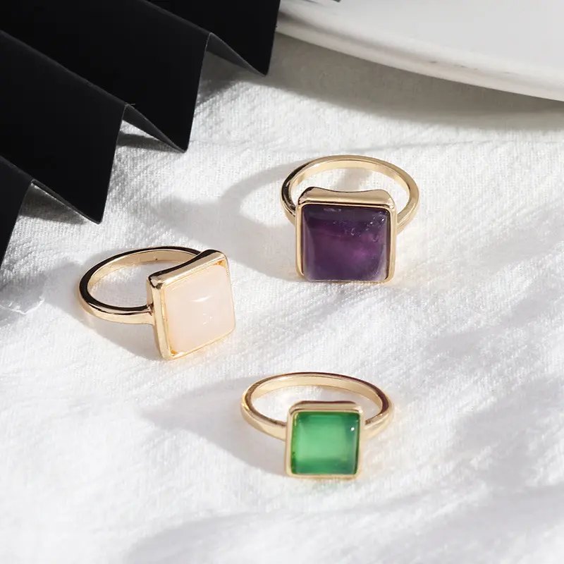 2023 INS Healing Natural Semi Precious Stone Jewelry Square Crystal Stone Rings Women