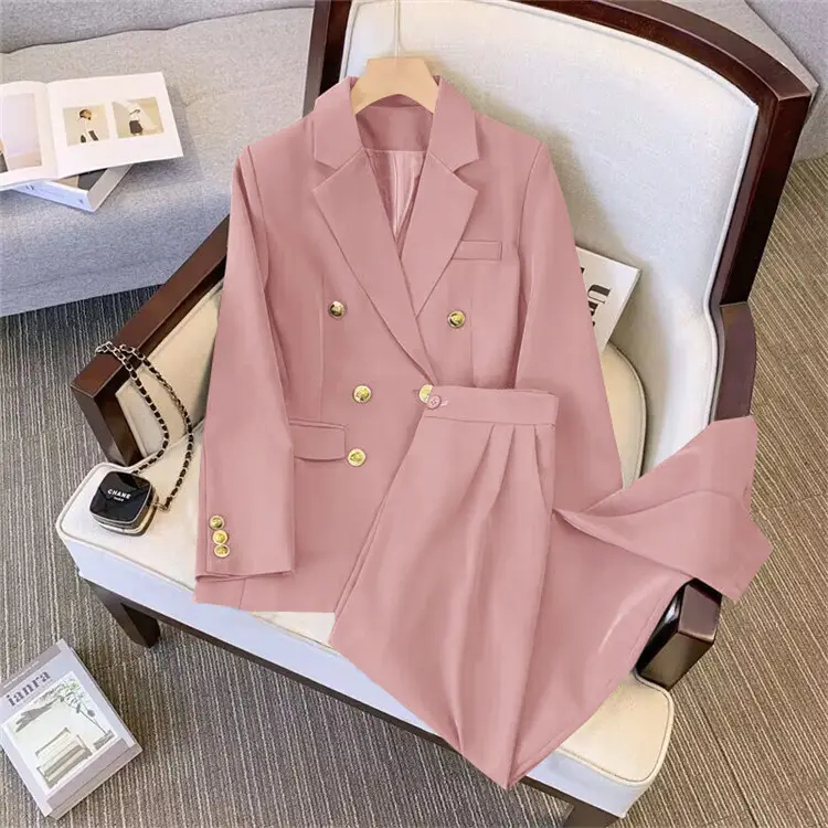 Jaket kantor wanita, jas kantor wanita terbaru 2023 desain Fashion kancing logam set dua potong Blazer dan Celana untuk wanita