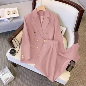 Groothandel 2023 Nieuwste Damesjas Office Lady 'S Suits Fashion Design Metalen Knopen Tweedelige Set Blazer En Broek Voor Dames