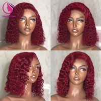 Perruque Courte Bob Frisée Kinky Bourgogne 13x4, Perruques Bob Cheveux Humains Indiens Ondulés Pré-Pluckées pour Femme, Coupe Pixie Courte # Couleur 99j